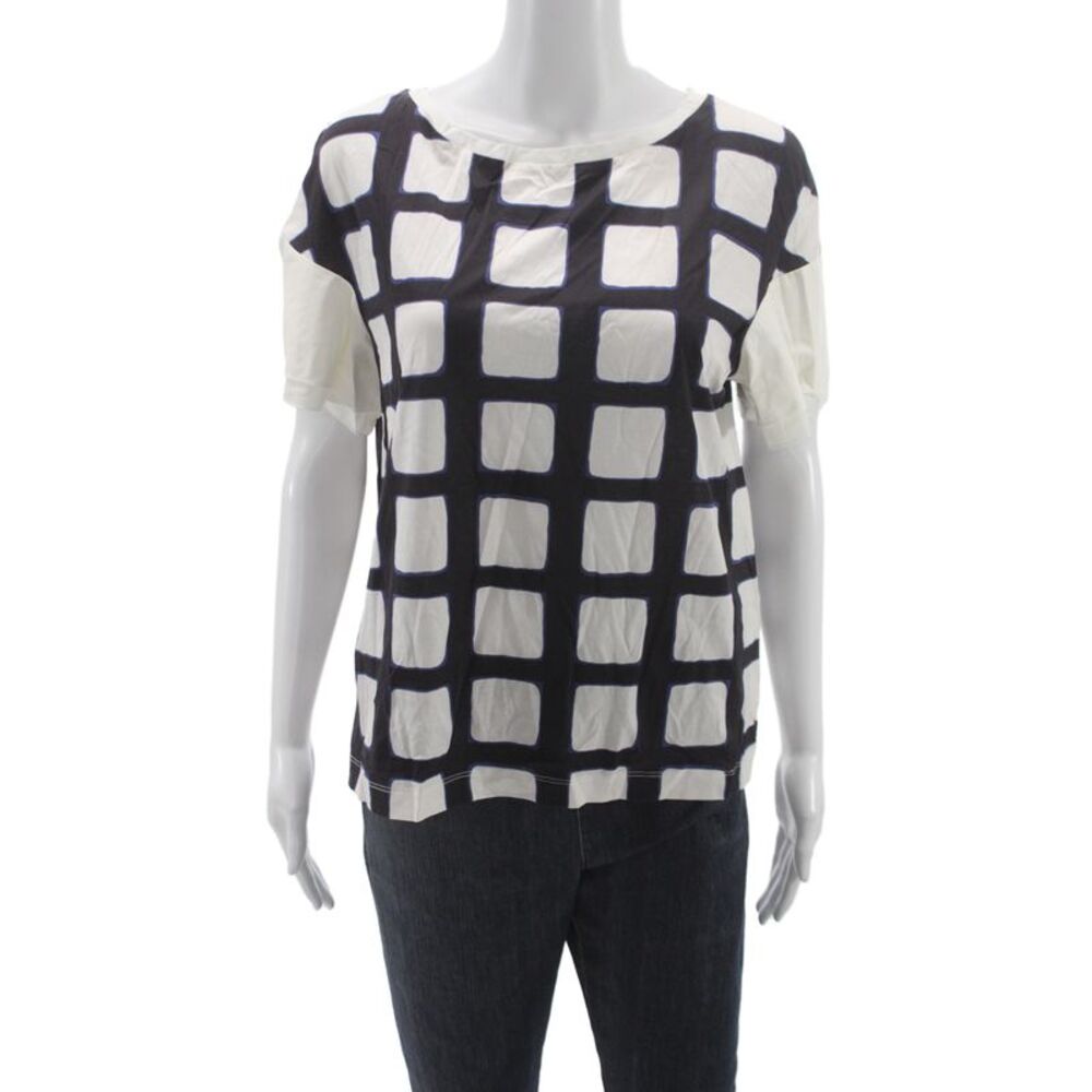 Weekend Max Mara Women Black Cotton Boat Neck Check T-Shirt Short Sleeve Size L